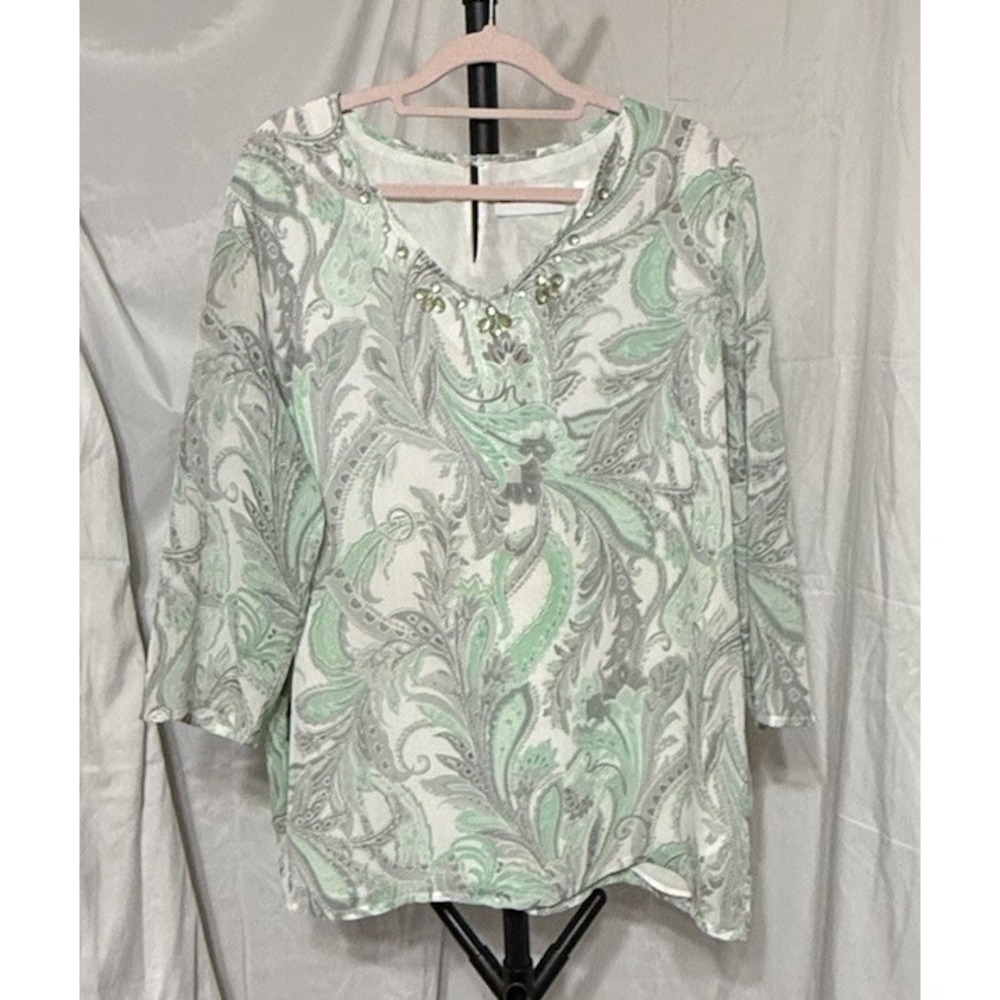 Alfred Dunner Green‎ & Gray V-Neck 3/4 Sleeve Lined Blouse sz 14